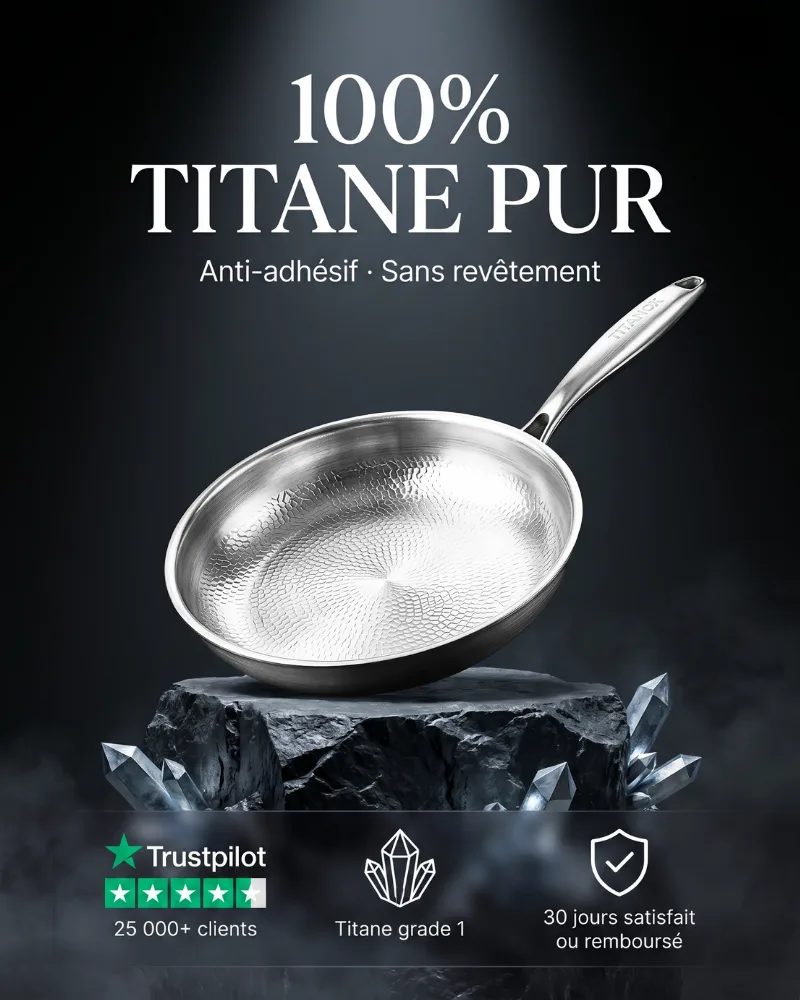 100% titane pur — Anti-adhésif · Sans revêtement