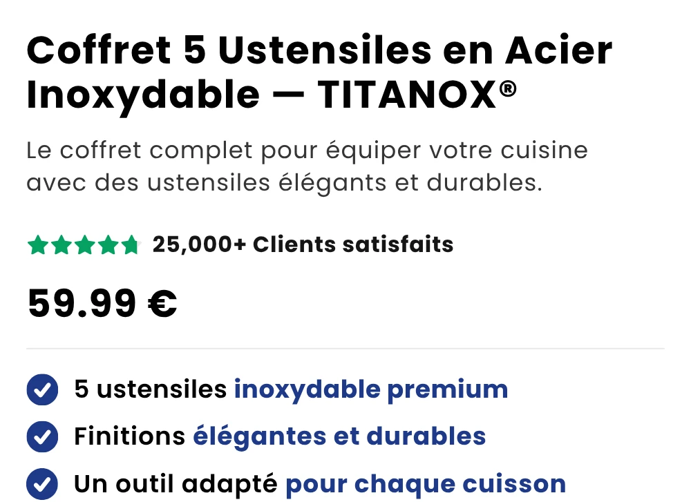 Coffret 5 Ustensiles en Acier Inoxydable — TITANOX® — Le coffret complet pour équiper votre cuisine avec des ustensiles élégants et durables.