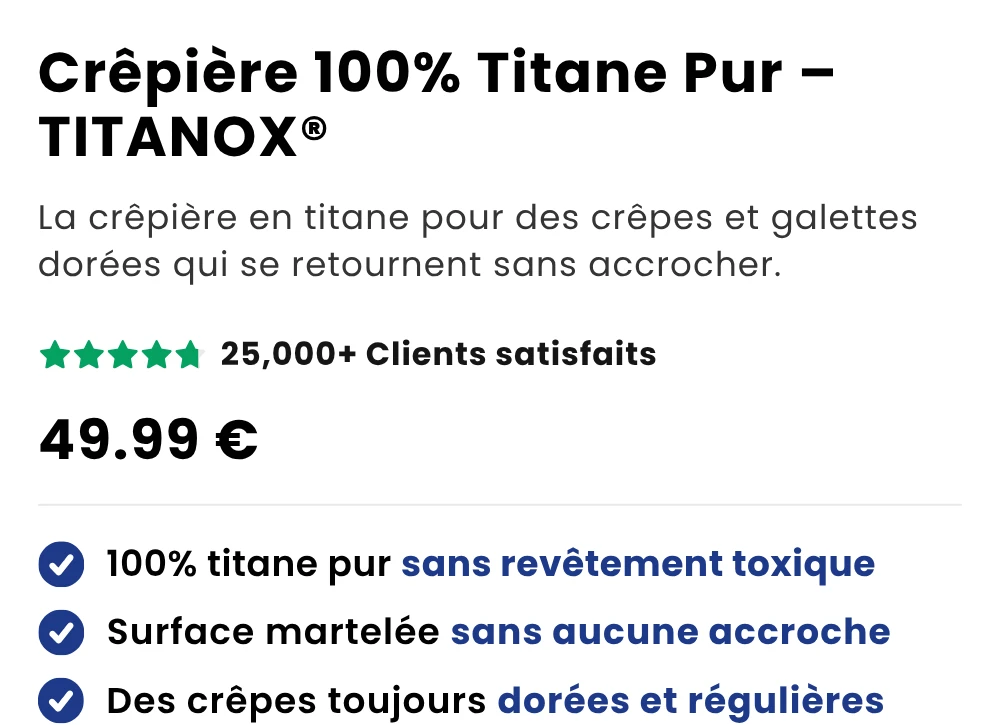Crêpière 100% Titane Pur (28 cm) — TITANOX® — La crêpière en titane pour des crêpes et galettes dorées qui se retournent sans accrocher.