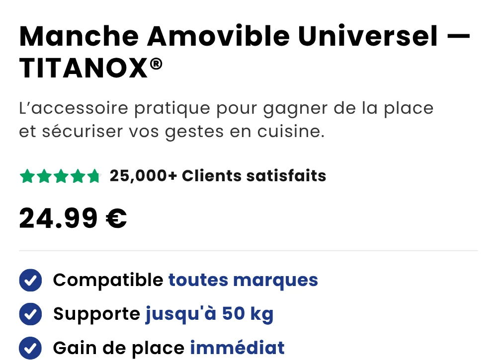 Manche Amovible Universel — TITANOX® — L'accessoire pratique pour gagner de la place et sécuriser vos gestes en cuisine.