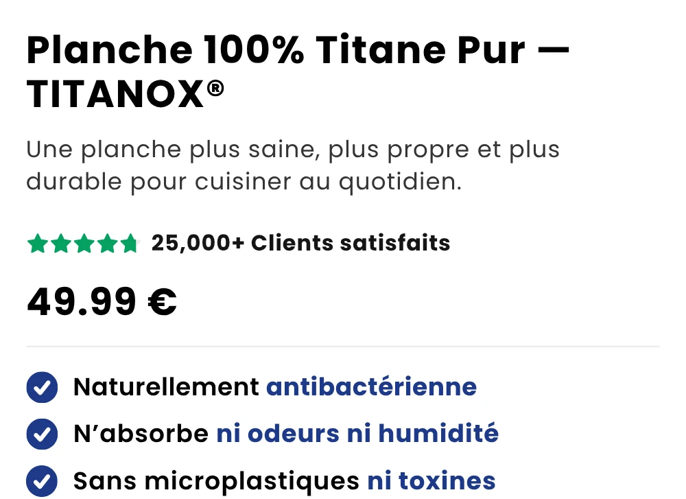 Planche 100% Titane Pur — TITANOX® — Une planche plus saine, plus propre et plus durable pour cuisiner au quotidien.