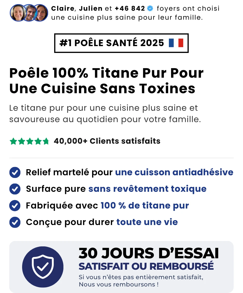 Poêle 100% Titane Pur — TITANOX® — Poêle 100% titane pur pour une cuisine sans toxines : relief martelé antiadhésif, sans revêtement, garantie à vie.
