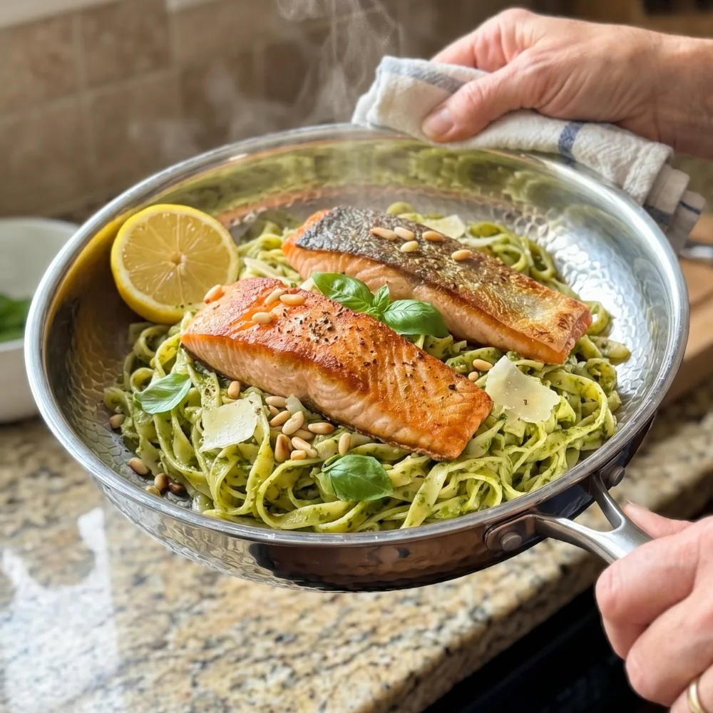 Cuisson de pâtes au pesto et saumon dans la poêle Titanox